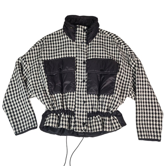 Zara Checkered Tweed Jacket Puffer Pocket Drawstring Waist Black White‎ S - Picture 1 of 7